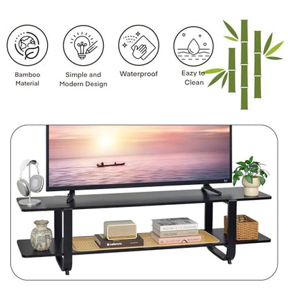 Bamboo TV Stand for TVs up to 65", Accent Entertainment Center with Storage, Media Console Table with Shelf, Modern TV Stand for Living Room, Bedroom, 54.3"(L), Black - color: Black
