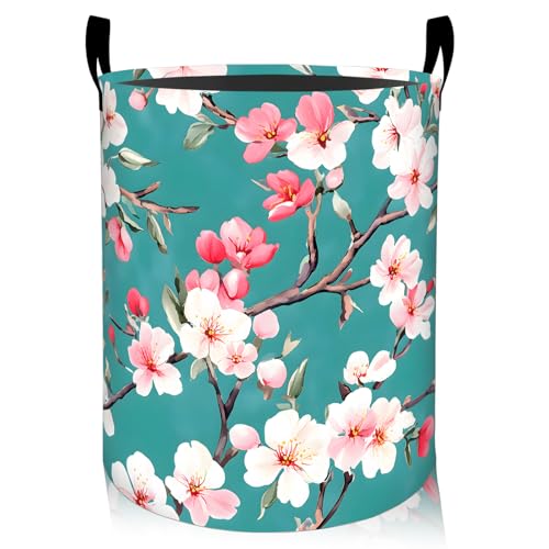 Cherry Blossom Laundry Basket, Oxford Cloth Romantic Elegant Dirty Clothes Collapsible Hamper for Room Decor, Floral Botanical Print Gifts Toy Organizer 19.7*15.7 Inch for Bedroom Bathroom Dorm - style: Cherry Blossom