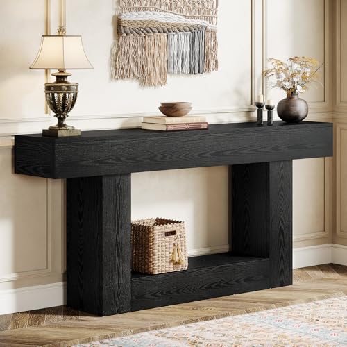 Tribesigns 63" Console Table, Farmhouse 2-Tier Entryway Table with U-Shaped Base, Narrow Long Wood Sofa Table Behind Couch Table for Living Room, Hallway, Foyer, Black - color: Black
