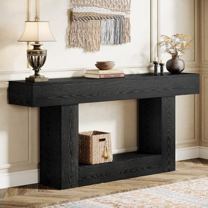 Tribesigns 63" Console Table, Farmhouse 2-Tier Entryway Table with U-Shaped Base, Narrow Long Wood Sofa Table Behind Couch Table for Living Room, Hallway, Foyer, Black - color: Black