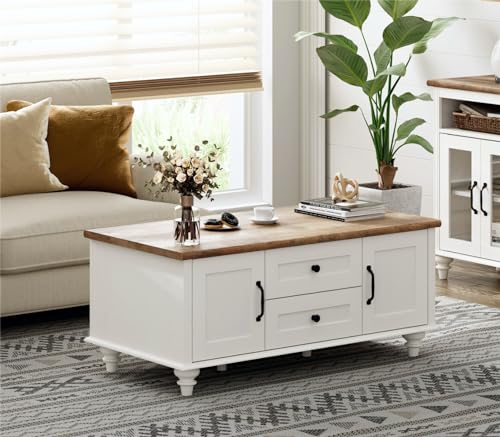 WAMPAT Modern Coffee Table with Storage Cabinet, White Coffee Tables for Living Room, Wood Rectangle Center Table with Drawer, Rustic Tea Table for Home, Off White - color: White