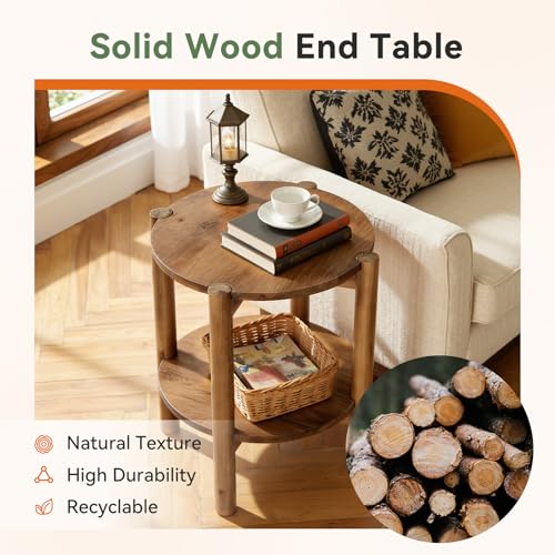 Solid Wood Round Side Table, 2-Tier Small End Table with Storage Shelf, Farmhouse Rustic Nightstand for Living Room, Bedroom, Small Spaces, Easy Assembly (1 PC, Natural Brown)