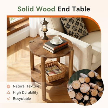 Solid Wood Round Side Table, 2-Tier Small End Table with Storage Shelf, Farmhouse Rustic Nightstand for Living Room, Bedroom, Small Spaces, Easy Assembly (1 PC, Natural Brown)