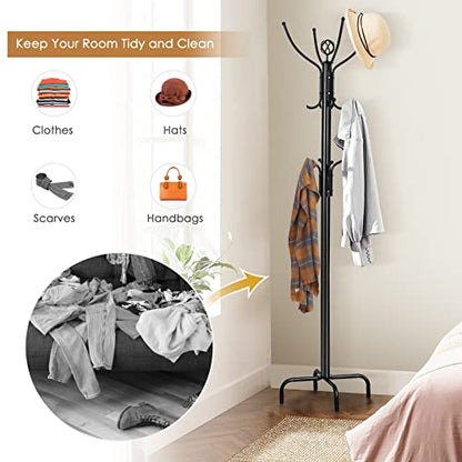 Tangkula Coat Rack Freestanding, 78 Inch Heavy Duty Metal Coat Tree, Free Standing Entryway Hat Coat Jacket Umbrella Holder, Clothes Hanger with Base Coat Rack Stand Black