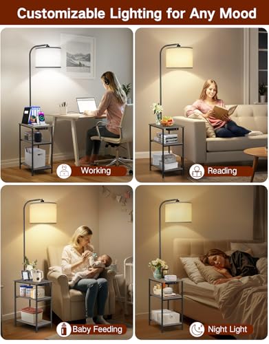 Floor Lamp with Table & Remote, Side End Table with Charging Station, Dimmable Nightstand with 3 Color Temperatures, 1-Hour Timer, 12W LED Bulb, for Living Room, Bedroom(Grey) - color: Gray
