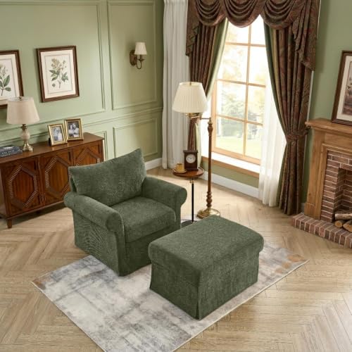 Eafurn Modern Chenille Accent Chair with Ottoman for Small Space, Comfy Upholstered Reading Chairs Lounge Armchair with Foot Rest, Sturdy Solid Wood Frame for Living Room - color: Green 37.5"