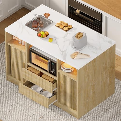 Kitchen Island on Wheels, Rolling Island Cart with Power Outlet | & RGB LED Light, Movable Buffet Cabinet with Fluted Sliding Door, 2 Drawers, Microwave Cart, Large Countertop, Natural - color: Natural
