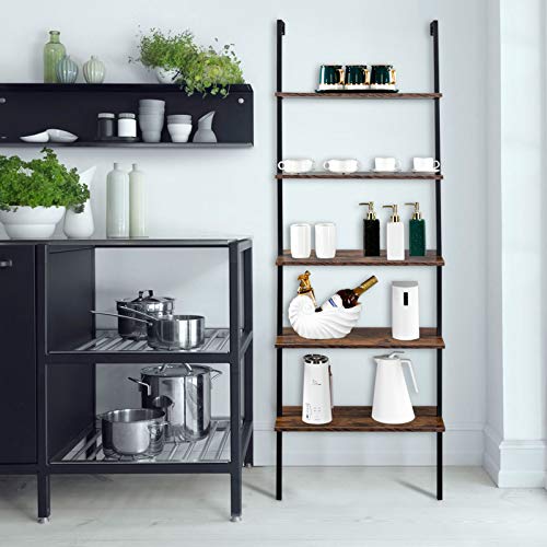5-Shelf Modern Bookcase, Open Wall Mount Ladder Bookshelf with Industrial Metal Frame for Living Room Bedroom Home Office (Brown5) - color: Brown5
