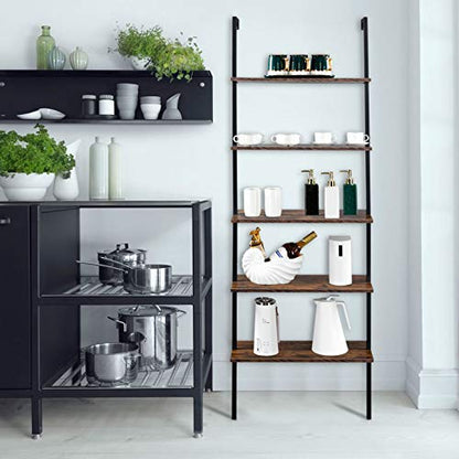 5-Shelf Modern Bookcase, Open Wall Mount Ladder Bookshelf with Industrial Metal Frame for Living Room Bedroom Home Office (Brown5) - color: Brown5