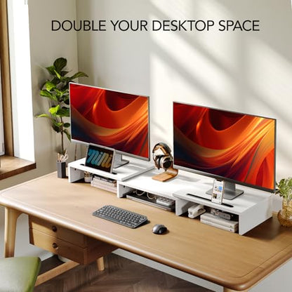 AMERIERGO Dual Monitor Stand Riser- 3 Shelf Screen Stand with Adjustable Length and Angle, 2 Extra Functional Slot Desktop Organizer Stand for PC, Computer, Laptop (White) - color: White