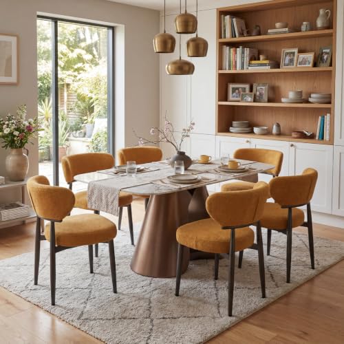 Dining Chairs Set of 6, Modern Upholstered Fabric Dining Chairs | Thick Cushioned Seat & Curved Back, Polyester Fabric, Sturdy Black Metal Legs for Kitchen & Living Room, Brownish yellow - color: Brownish Yellow, size: Set of 6