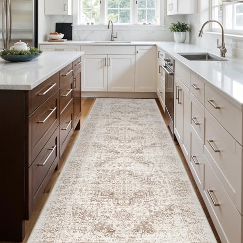 4x10 Washable Hallway Runner Rug: Vintage Wide Low Pile Rugs NaturalBeige | Water Resistant Non Slip Pet Friendly Easy Clean Design Soft Rugs for Kitchen Entryway Bedroom Living Room and Home Decor - color: Ivory/Beige, size: 4x10
