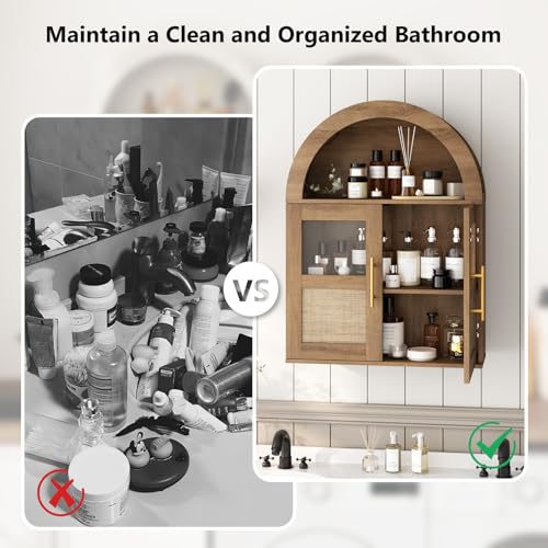 RUSTOWN Arched Bathroom Wall Cabinet with 2 Glass & Rattan Doors | Rattan Medicine Cabinet, Farmhouse Over the Toilet Storage Cabinet, Adjustable Shelves, 3-Tier Wall Mounted Cabinets - color: Rustic Oak