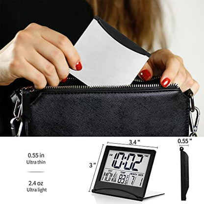Betus Digital Travel Alarm Clock – Foldable Calendar, Temperature & Timer with Snooze – Large Number Display, Battery Operated – Compact Desk Clock for Home & Office (Black) - color: Black