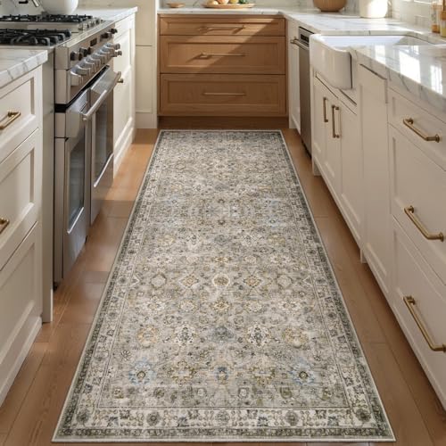 Tangsoo 3x8 Washable Runner Rug for Hallway Non Slip,Boho Beige Rug Runner | Vintage Floral Carpet Runner for Kitchen,Distressed Farmhouse Grey Runner Soft Low Pile Gray Mat for Bedroom Bathroom Laundry - color: Distressed Beige Grey, size: 3' X 8' (Runne