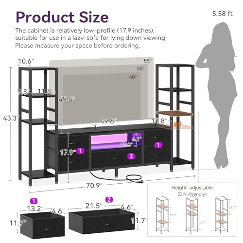 Casaottima TV Stand for 40/50/55 Inch TV, Low-Profile Entertainment Center with LED Lights & Power Outlets, TV Stand with Drawers & Open Shelves for Storage for Small Spaces/Living Room/Gaming, Black - size: 71 Inch