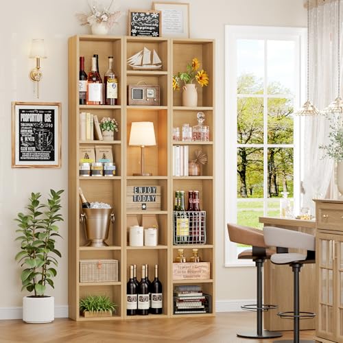 FOTOSOK 2 Pcs 71'' Tall Narrow Bookshelf, 8-Tier Media Tower Rack Set of 2 | CD DVD Storage Cabinet with Adjustable Shelves, Tall Narrow Bookcase Skinny Display Bookshelf Slim Shelf, Natural - color: Natural