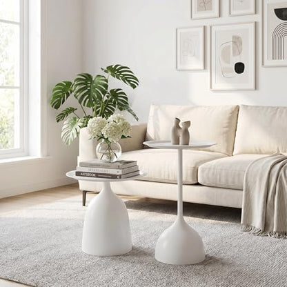 Round Nesting End Table Set of 2, White Side Table for Living Room - color: White