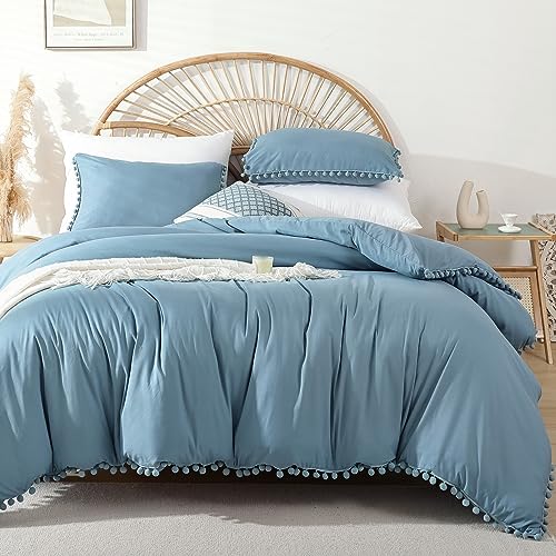 YIRDDEO Full Size Comforter Sets, Dusty Blue Pom Fringe Bedding Set 3 Pcs | Solid Color Full Comforter Soft Boho Fluffy Reversible Lightweight Comforter 79"x90"& 2 Pillow Shams 20"x26" for All Seasons - color: Dusty Blue, size: Full