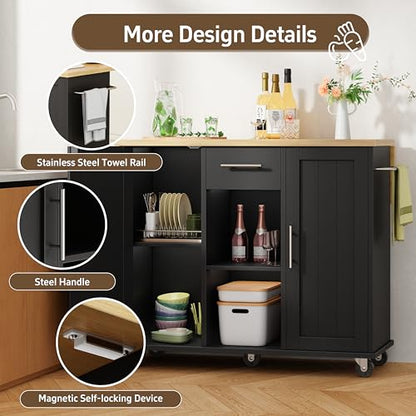 Shintenchi Kitchen Island with Storage, Bar Cart Cabinet Island Table on Wheels, Rolling Microwave Cart for Kitchen with Drop Leaf, Drawers, Towel Rack, Seating Area for Dining Room, Black - color: Black-42 Inch