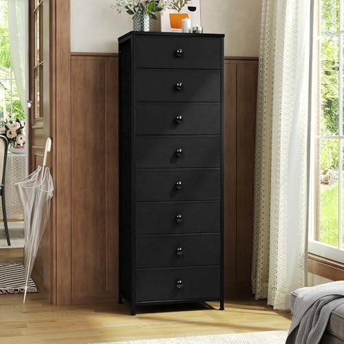 Fabric Dresser for Bedroom, 8 Drawer Tall Vertical Skinny Tower (Black) | Wooden Top, Steel Frame, Easy Pull Bin,Organizer Unit for Living Room, Hallway, Entryway, Nursery, Closets - color: Black, style: Narrow-8 Drawers