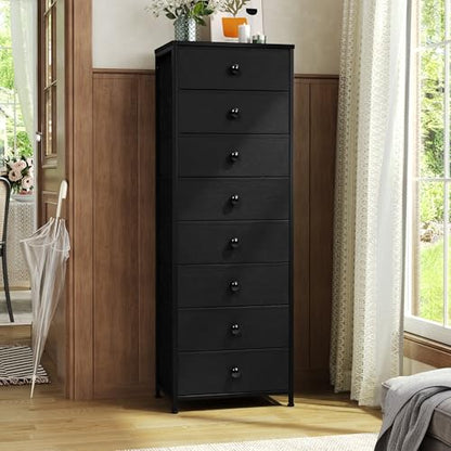 Fabric Dresser for Bedroom, 8 Drawer Tall Vertical Skinny Tower (Black) | Wooden Top, Steel Frame, Easy Pull Bin,Organizer Unit for Living Room, Hallway, Entryway, Nursery, Closets - color: Black, style: Narrow-8 Drawers