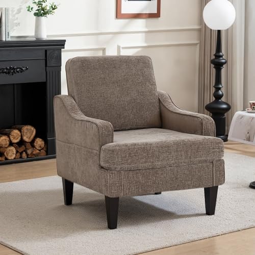 Accent Chair for Living Room,Mid-Century Arm Chair Chenille Fabric Living Room Chairs,Upholstered Reading Chair for Bedroom,Single Sofa Chair with Wood Legs for Apartment (Brown) - color: Brown