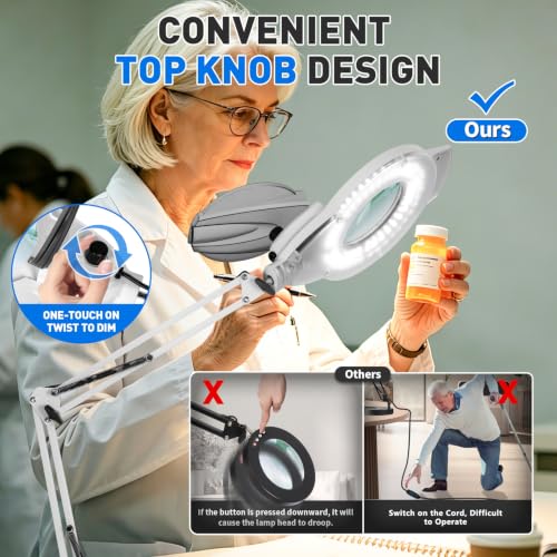 KIRKAS LED Magnifying Lamp with Clamp, 2,200 Lumens Dimmable 28in 12X | Magnifying Glass with Light for Repair Reading Craft Needlework Workbench Magnifier Dust Cover Adjust Swivel Arm - color: White 28in