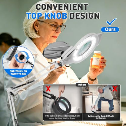 KIRKAS LED Magnifying Lamp with Clamp, 2,200 Lumens Dimmable 28in 12X | Magnifying Glass with Light for Repair Reading Craft Needlework Workbench Magnifier Dust Cover Adjust Swivel Arm - color: White 28in