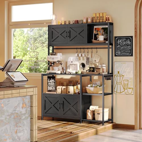 Huuger Large Bakers Rack with Power Outlet, Kitchen Microwave Stand with Cabinets, Coffee Bar Table Station with Storage, 6 S-Shaped Hooks, Mesh Shelves, 45 Inch Wooden Top, Black - color: Black