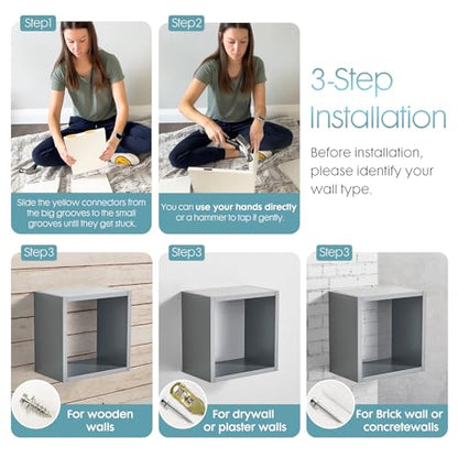 Cube Floating Shelves Set2, Display Shelves Wall Mount 7.75" D x 12.5" W x 12.5" H, (Gray, Square 2 Cubes) - color: Grey, size: Square-Set2