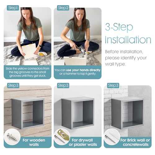 Wall Mount Shelf Set of 4, Floating Cube Shelves for Space Discovery Home and Commercial Use, Large Size Shelves Set, Grey - color: Grey, size: Set4