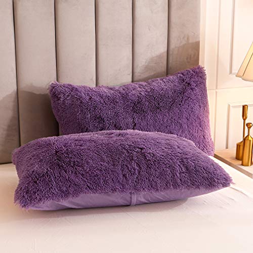 Faux Fur Velvet Fluffy Bedding Duvet Cover Set Down Comforter Quilt Cover with Pillow Shams, Ultra Soft Warm (Queen, Purple) - color: Purple, size: Queen