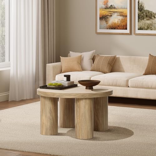 LuxenHome 27.5" Small Round Coffee Table with 4 Pillar Legs | Accent Center Table with 4 Sturdy Pillar Legs, Modern Farmhouse Style, Low-Profile Design - color: Dark Oak-l