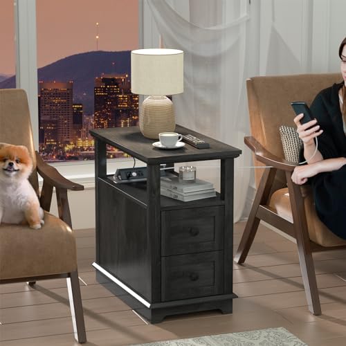 HIFYOBRO Narrow End Table with Flip Top Charging Station and 2 Drawers | Type-C & USB Port & Power outlets, Wooden Storage Cabinet, Side Table with Storage for Living Room and Bedroom - color: Blackgrey, size: 1 Piece