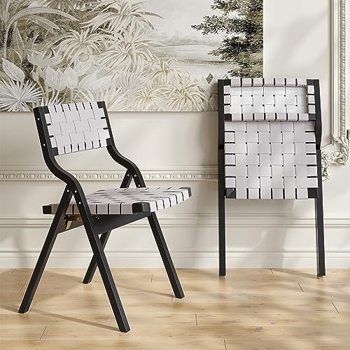 Wood Folding Chairs, Foldable Chairs Wooden Indoor Stackable Dining Chairs for Kitchen & Dining Room Chair Woven Seat & Webbing Back, Dining Chair Set of 2 - color: Light Gray/Black, Pu Leather