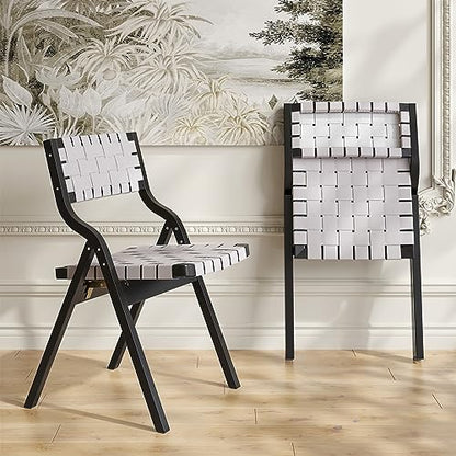 Wood Folding Chairs, Foldable Chairs Wooden Indoor Stackable Dining Chairs for Kitchen & Dining Room Chair Woven Seat & Webbing Back, Dining Chair Set of 2 - color: Light Gray/Black, Pu Leather
