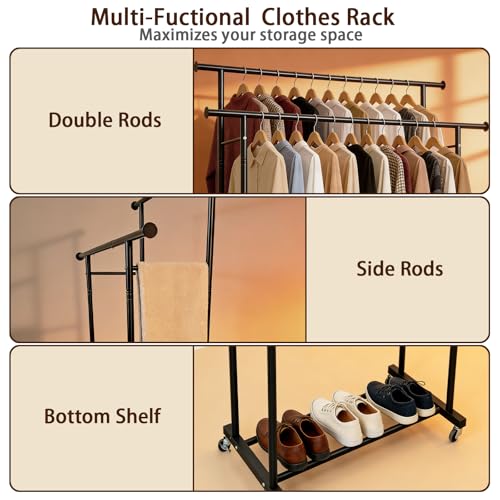 Double Rods Rolling Clothing Rack for Hanging Clothes Portable Wardrobe Rack with Wheels Metal Garment Rack Sturdy Coat Rack with Double Shelves for Bedroom Laundry Living Room, Black