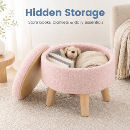 Simple Deluxe 13" Round Storage Ottoman with Wooden Legs & Dual-Use Tray Lid, Fluffy Teddy Boucle Ottoman Footstool for Bedroom, Living Room & Vanity, Pink - color: Pink