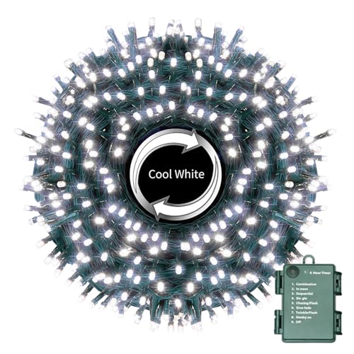 34.1FT 100 LED Battery Operated Christmas Tree Lights Indoor Outdoor Cluster String Light with Timer 8 Modes Dark Green Wire Fairy Light Xmas Patio Bedroom Garden Decorations (White) - color: White-Green wire, size: 100 LED