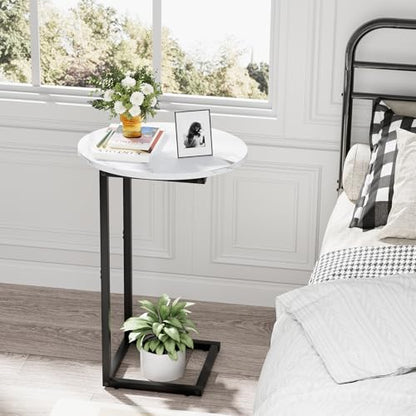 C Shaped End Table, Oval Side Tables on Couch, Black | TV Tray that Slide Under , Narrow Sofa Table with Metal Frame for Small Space Sofa Living Room Bedroom - color: White Marble+black