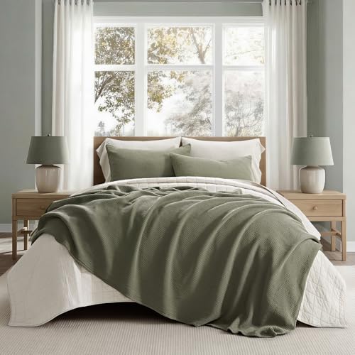 100% Cotton Waffle Coverlet Set, King Size, Olive Green | Soft Premium Waffle Weave Cotton Bed Blanket, Lightweight Oversized Bedspread, All Season 3-Piece Bedding Set with 2 Shams - color: Olive Green, size: King/Cal King (108" X 96")