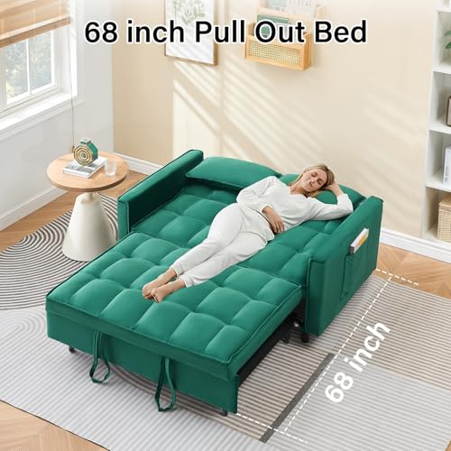 3 in 1 Convertible Sleeper Sofa Bed, Velvet Loveseat Futon Pull-Out Couch with Adjustable Reclining Backrest, Side Pockets and Pillows for Living Room, Bedroom, Apartment, Small Spaces (Green-Velvet) - color: Green-velvet