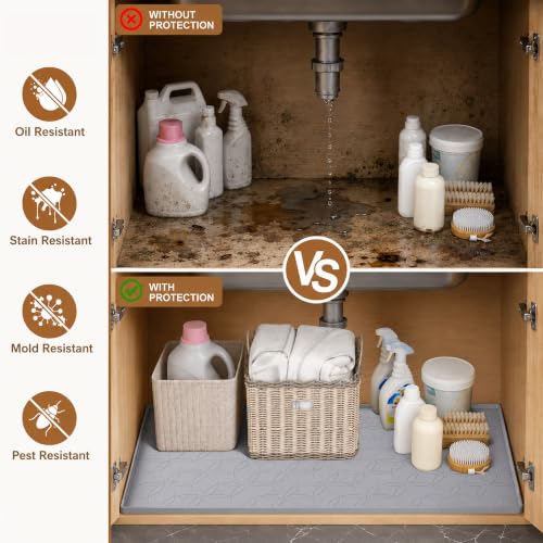 34"x22" Silicone Under Sink Mat Waterproof Cabinet Liner(Gray) | Leak-Proof Silicone Cabinet Protector with Raised Edges, Keeps Kitchen & Bathroom Cabinets Safe from Water Damage - color: Gray