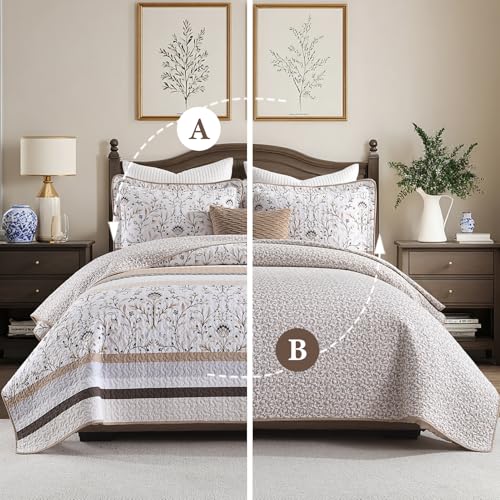 100% Cotton Quilt Set Queen Size - Reversible Botanical Quilted Comforter, Queen Quilt Bedspread, Lightweight Bedding, 3pcs, Brown/Beige - color: Brown/Beige, size: Queen(90"x98")