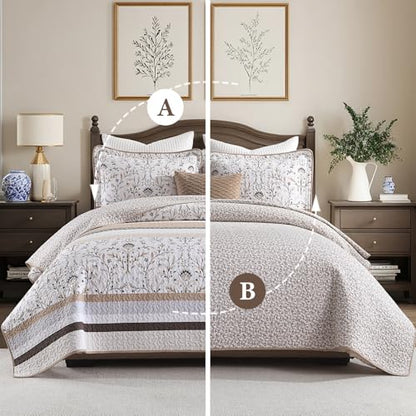 100% Cotton Quilt Set Queen Size - Reversible Botanical Quilted Comforter, Queen Quilt Bedspread, Lightweight Bedding, 3pcs, Brown/Beige - color: Brown/Beige, size: Queen(90"x98")