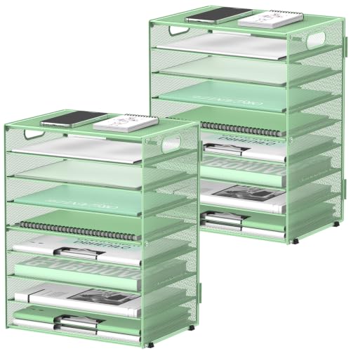 9-Tier Paper Organizer for Desk with Handles, Mint Green, 2 Pack | Desk File Organizer with Removable Trays for Sorting Files, Folders, Mail and Printer Paper at Home, School or Office - color: Mint Green