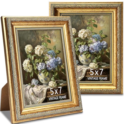 5x7 Picture Frame, Ornate Vintage Gold Photo Frames with HD Glass for Wall Decor or Tabletop Display, Antique 5 x 7 photo frame with Distressed Rust-Like Finish, Retro Home Decor, 2 Pack - color: Gold Distressed, size: 5x7-2P