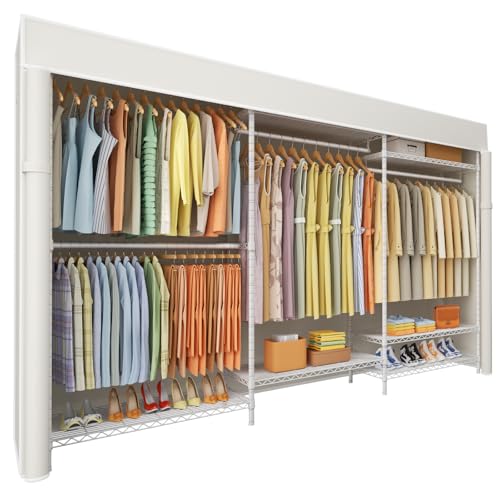 E13C Max Heavy Duty Closet Organizer System，Freestanding Clothing Racks for Hanging Clothes，Adjustable Garment Rack 86" W x16 D x77 H Hold 1100 lbs，White Rack with White Dustproof Cover - color: White Rack with White Cover, size: E13C Max