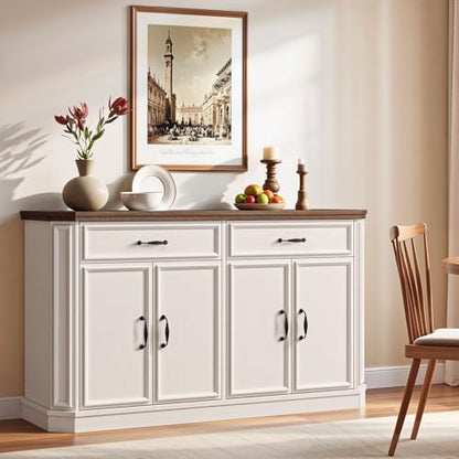 55" Sideboard Buffet Cabinet with 2 Storage Drawers & 4 Doors, Modern Kitchen Sideboards and Buffets with Adjustable Shelves, Wood Coffee Bar Cabinet for Living Room, Entryway, Off-White